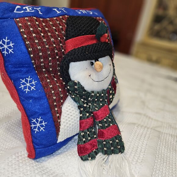 Vintage Quilted Snowman Throw Pillow Crochet Outfit Christmas Decor Let It Snow - Picture 5 of 13